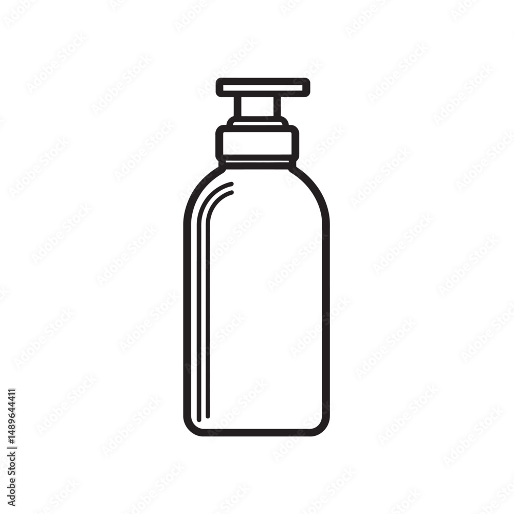 Outline drawing shows a rounded rectangular bottle with a dispenser top and transparent backdrop Outline drawing shows a rounded rectangular bottle with a dispenser top and transparent backdrop