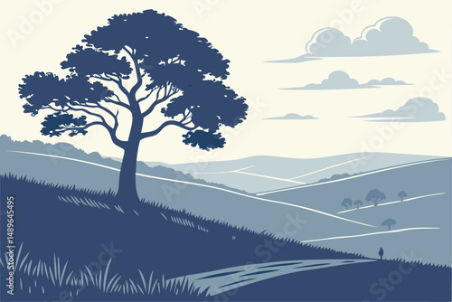 16 landscape, rolling hills, lone tree, blue sky, wispy clouds, minimalist, golden hour, scenic, serene