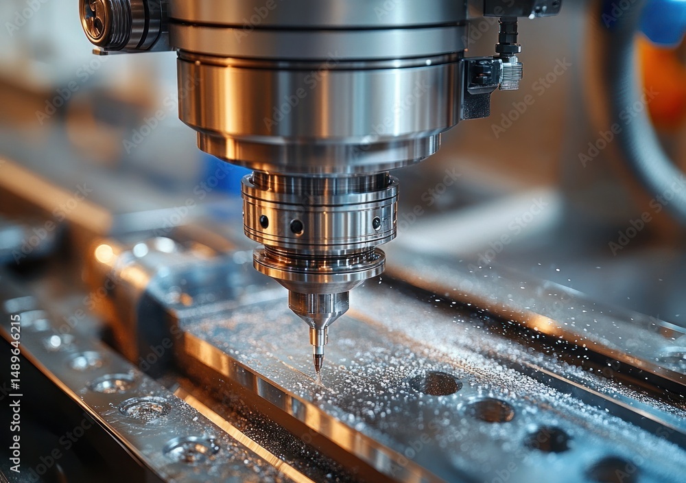 Close-up of a high precision CNC milling machine cutting metal, producing fine metal shavings with focused industrial lighting Close-up of a high precision CNC milling machine cutting metal, producing fine metal shavings with focused industrial lighting