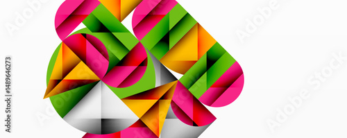 Abstract geometric shapes form complex design. Vivid colors blend, creating dynamic visual impact. Modern art style.