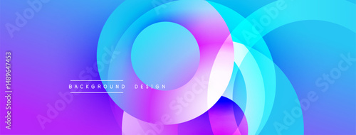 Abstract vibrant circles overlap creating dynamic gradient background. Purple, blue hues dominate design, modern aesthetic.