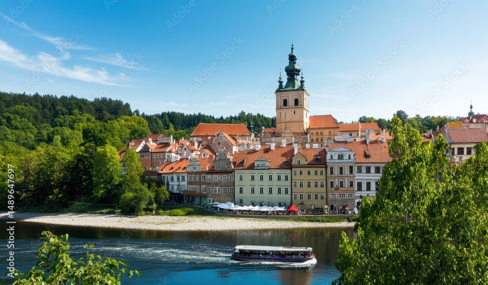 Obraz premium Scenic View of Historic Town by River with Colorful Houses and Tower