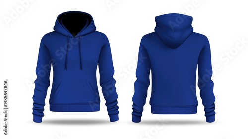 Royal blue women's hoodie, front and back view, long sleeves, kangaroo pocket