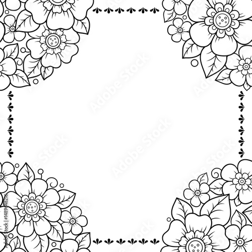 Frame in eastern tradition. Stylized with henna tattoos decorative pattern for decorating covers for book, notebook, casket, magazine, postcard and folder. Flower border in mehndi style.