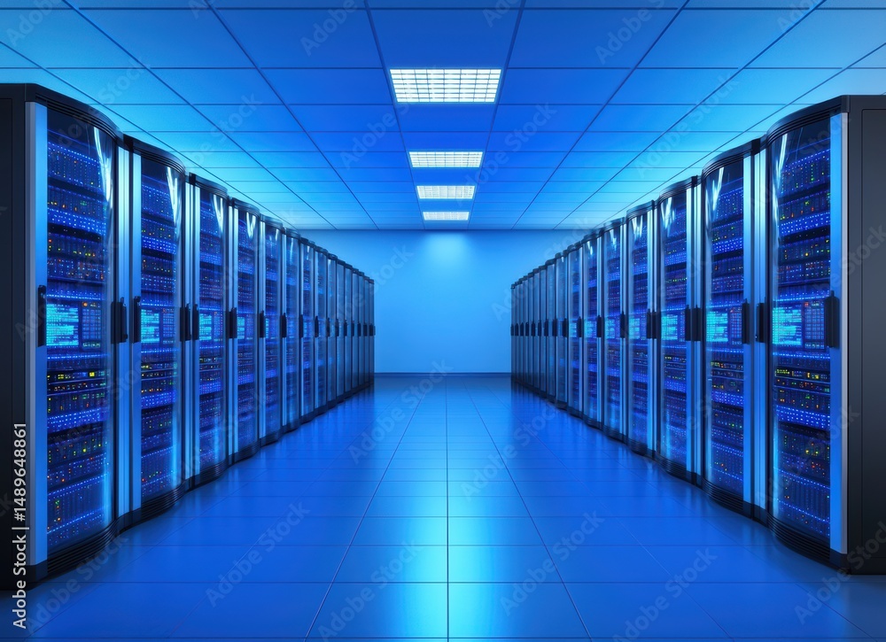 Modern Data Center with Row of Illuminated Server Racks in Blue Modern Data Center with Row of Illuminated Server Racks in Blue