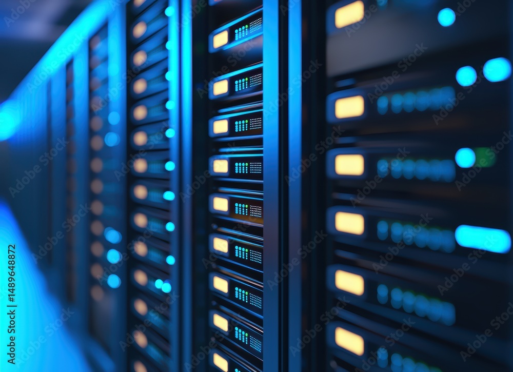High-Tech Data Center with Multiple Rows of Servers in Blue Light High-Tech Data Center with Multiple Rows of Servers in Blue Light