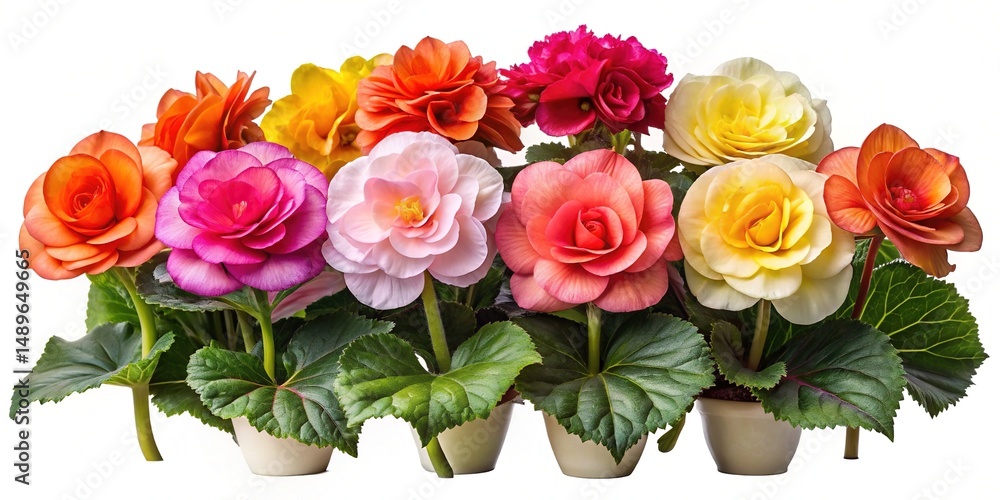 Naklejka premium A vibrant display of tuberous begonia flowers in various shades of color