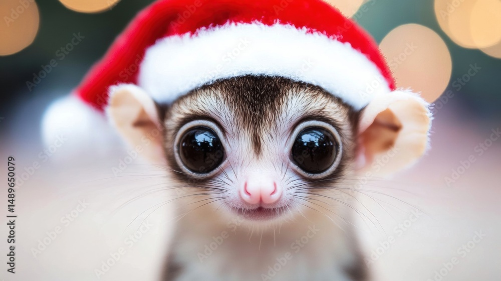 Adorable creature dons a bright red Santa hat, showcasing its big, round eyes, evoking a joyful holiday spirit Adorable creature dons a bright red Santa hat, showcasing its big, round eyes, evoking a joyful holiday spirit