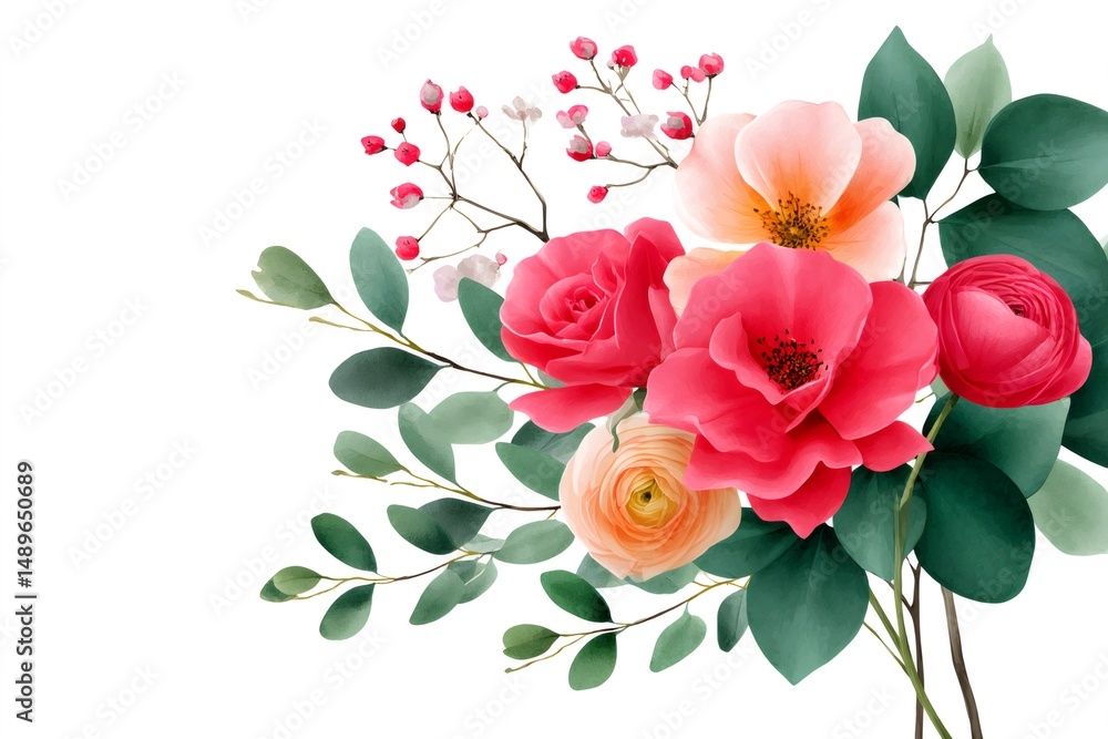 Fototapeta premium Bouquet of roses, ranunculus and eucalyptus leaves creating a delicate floral arrangement