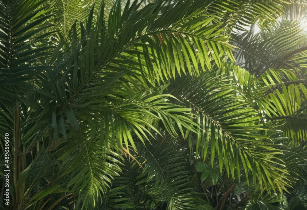 Fototapeta premium Vibrant green palm fronds, sunlight dappled, lush texture, green, stock