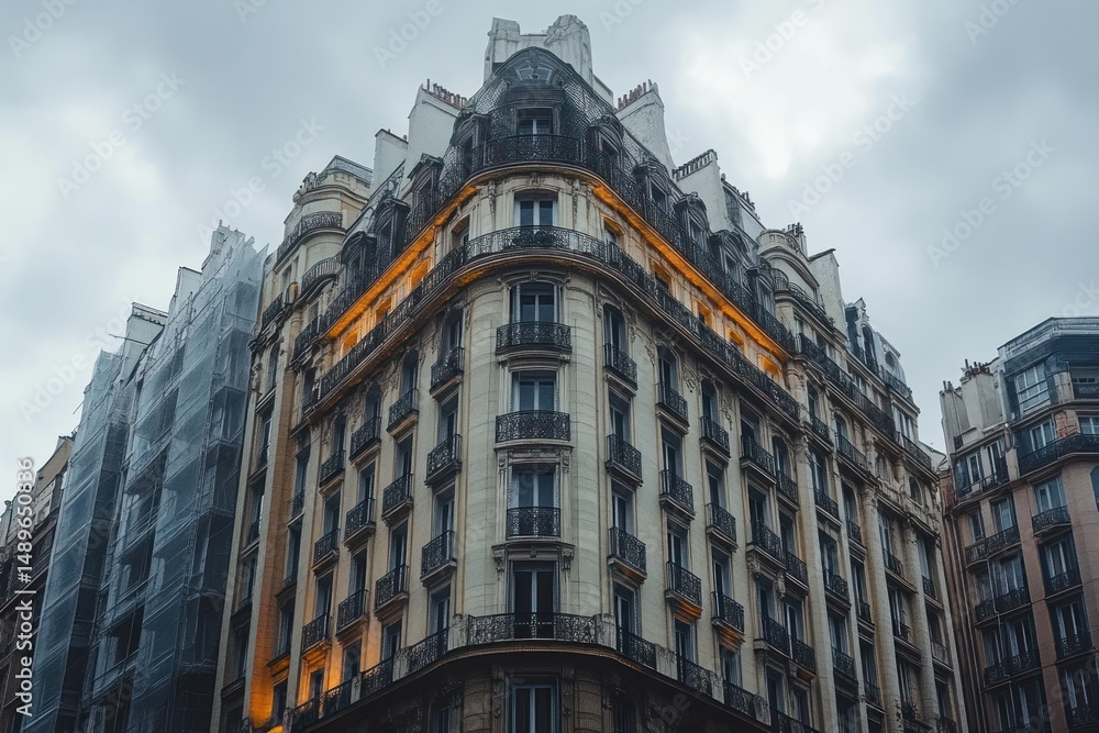 Fototapeta premium Historic multi-story building with ornate balconies and glowing warm lights against a moody cloudy sky