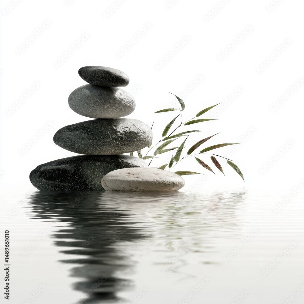 Stacked stones water reflection with bamboo leaves Stacked stones water reflection with bamboo leaves