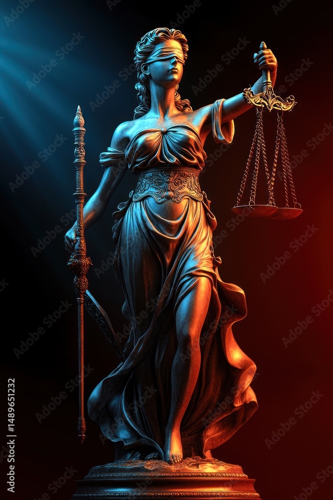 Fototapeta premium Detailed statue of a blindfolded woman holding scales and a sword, symbolizing justice, illuminated with blue and orange lighting creating a dramatic contrast