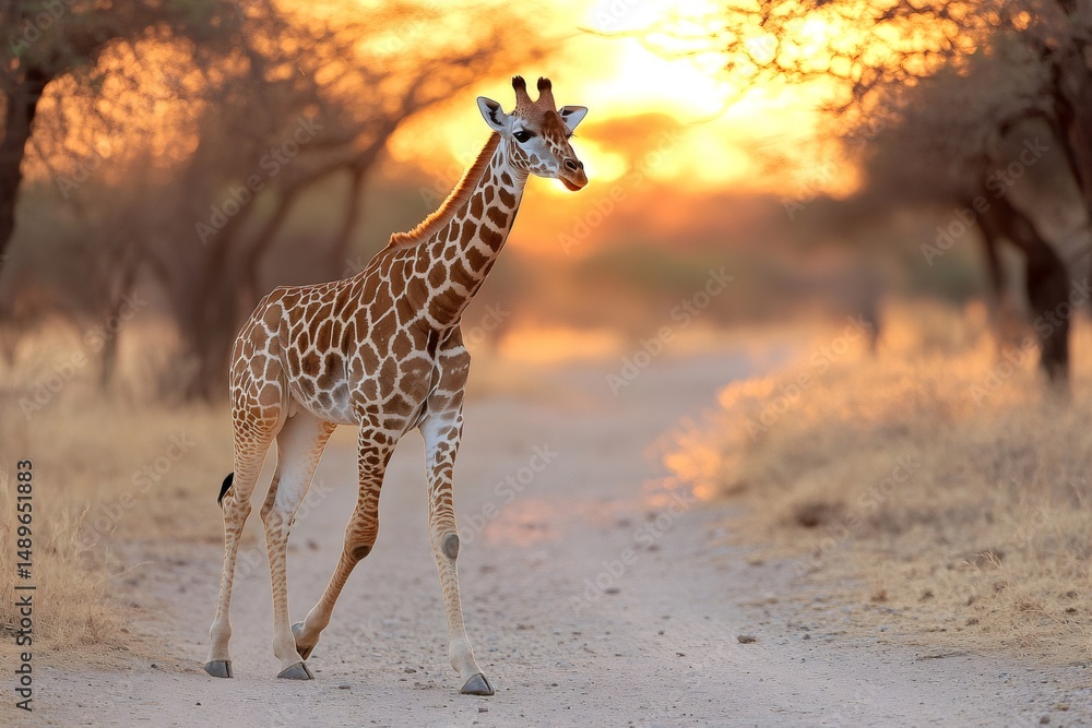 Obraz premium Young giraffe walking on a dirt road at sunset