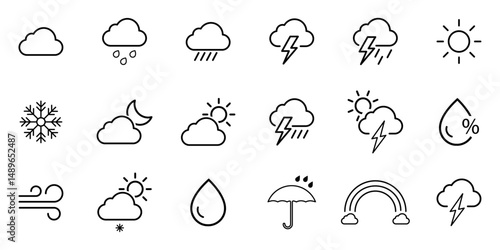 Weather icon set including clouds, rain, snow, storm, sun, wind, moon, humidity, rainbow, and umbrella symbols. Ideal for web, app, and forecast design. Icons, vector, symbols.