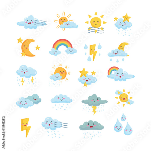 Set of Cute Weather Icons Featuring Sun, Clouds, Rainbow, and Moon Illustration