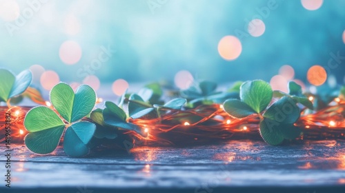 String lights delicately weave through vibrant clover leaves, casting a warm glow in the tranquil garden during twilight hours