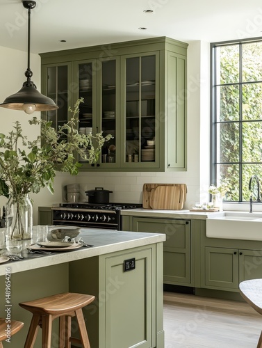A green kitchen showcasing a clean and modern design