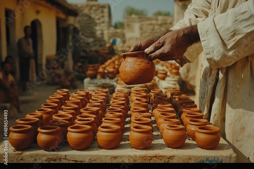 Potter displays handcrafted earthen clay pots