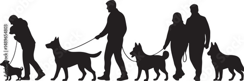 Vector Illustration of Dog Owners and Families with Pets in Silhouette Style

