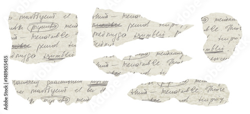 Set of ripped grey paper with handwritten unreadble text