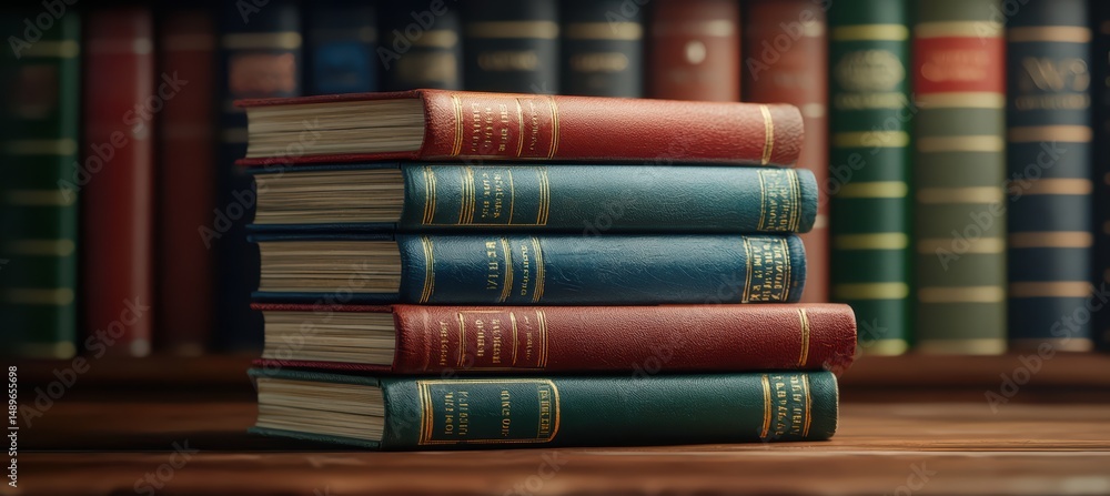Naklejka premium Classic Leather Bound Books on a Wooden Surface in Library Setting