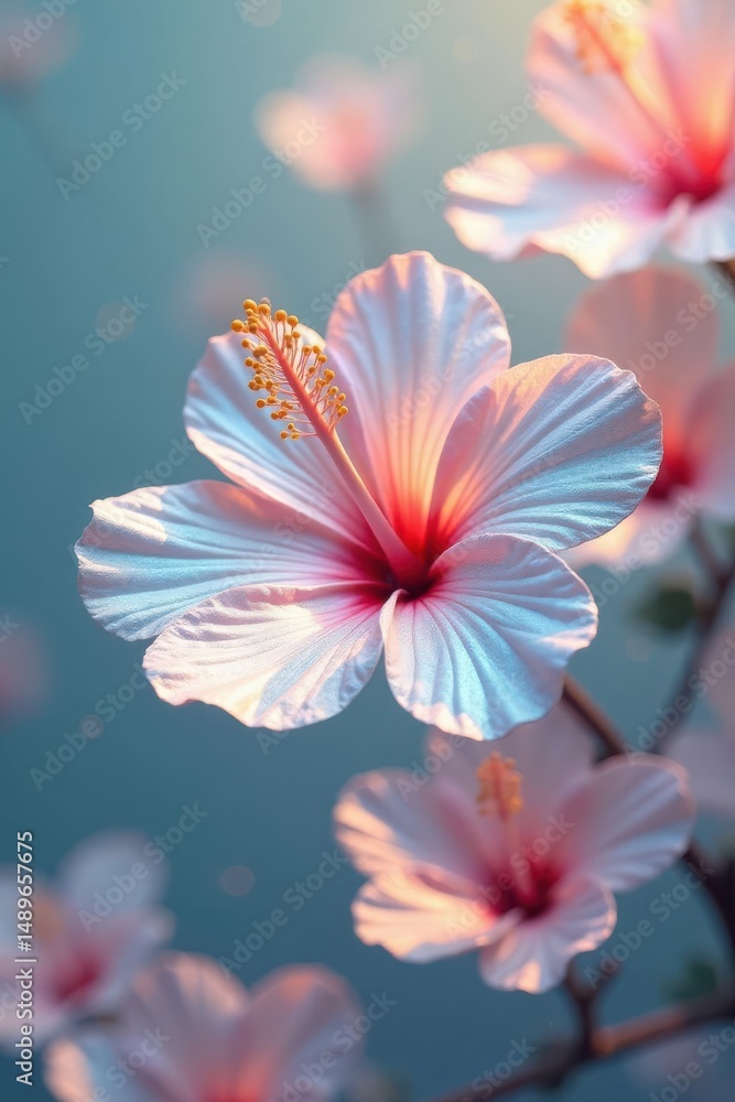 Fototapeta premium A Delicate Pink Hibiscus Blossom in Soft Light, Illuminated Petals, Gentle Breeze, Natural Beauty, Vibrant Colors