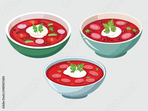 vector illustration of a russian food Borscht (Beetroot Soup with Vegetables and Meat, Served with Sour Cream)