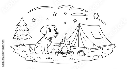 Cute dog by campfire in a tent at night, perfect for coloring.