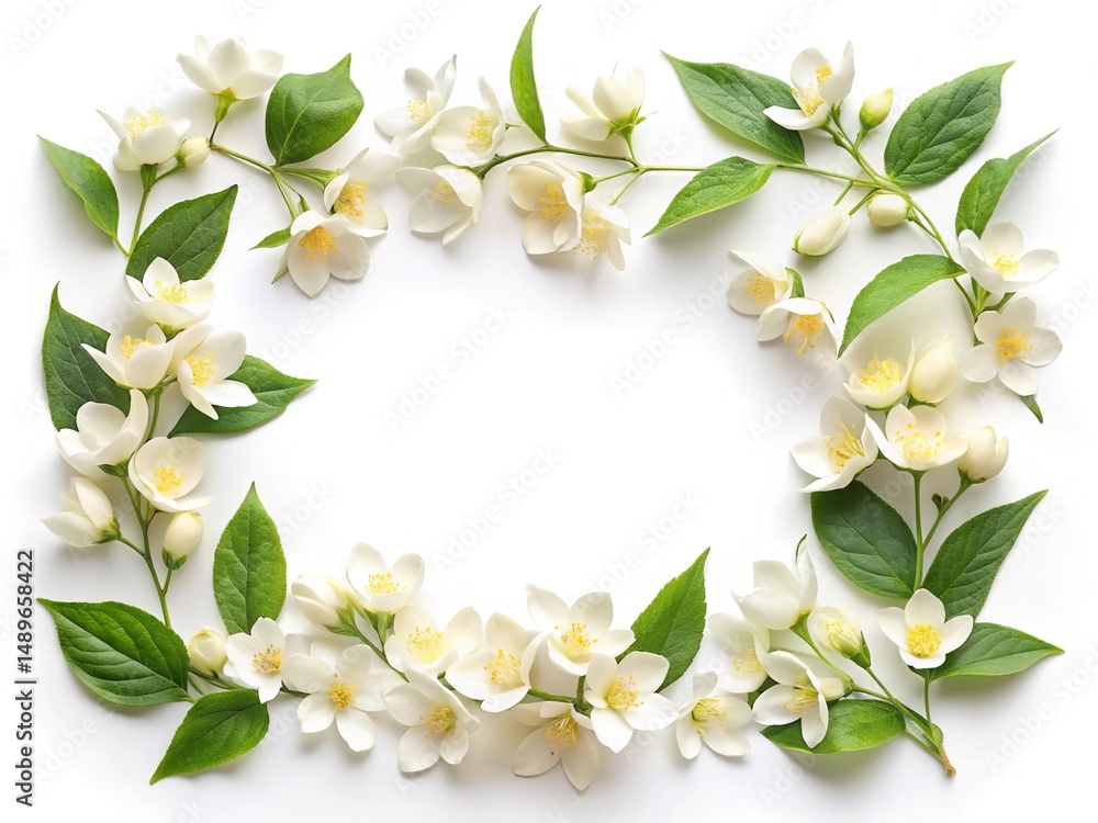 Elegant floral frame of white jasmine blossoms with lush green leaves Elegant floral frame of white jasmine blossoms with lush green leaves