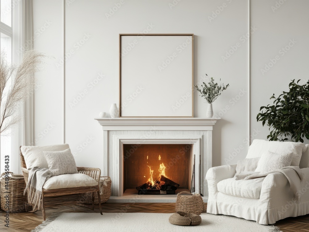 Cozy living room decor with fireplace and two chairs Cozy living room decor with fireplace and two chairs