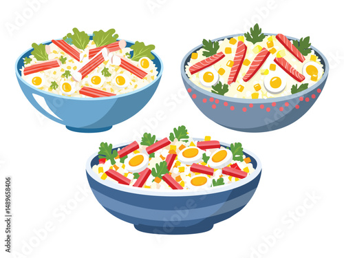 vector illustration of a russian food Crab Stick Salad (Cold Salad with Crab Sticks, Rice, Eggs, and Corn)