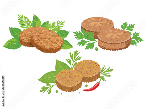 vector illustration of a russian food Forcemeat Cutlets (Minced Meat Patties with Herbs and Spices)