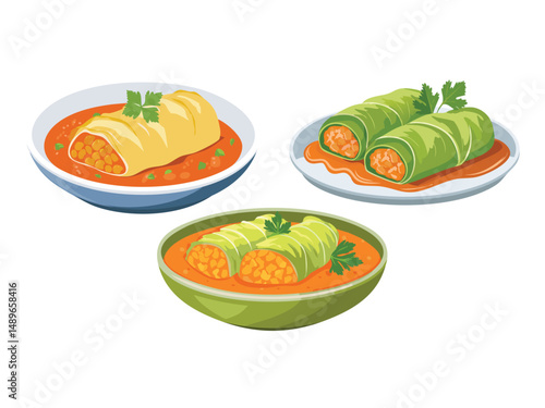vector illustration of a russian food Golubtsy (Cabbage Rolls Stuffed with Ground Meat and Rice, Baked in Tomato Sauce)