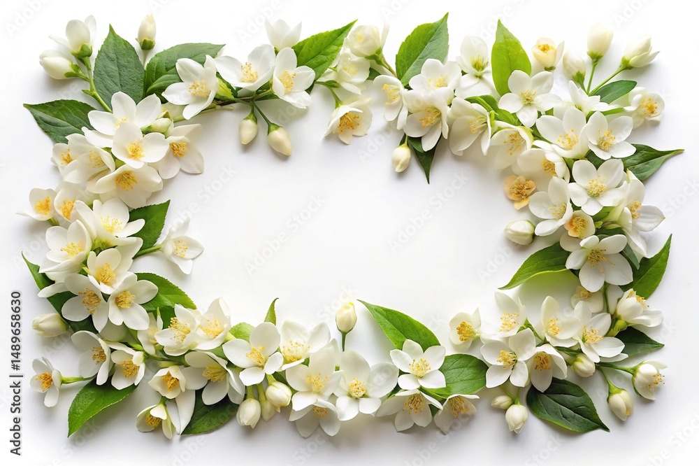 Elegant floral frame featuring white jasmine flowers and green leaves on white backdrop Elegant floral frame featuring white jasmine flowers and green leaves on white backdrop