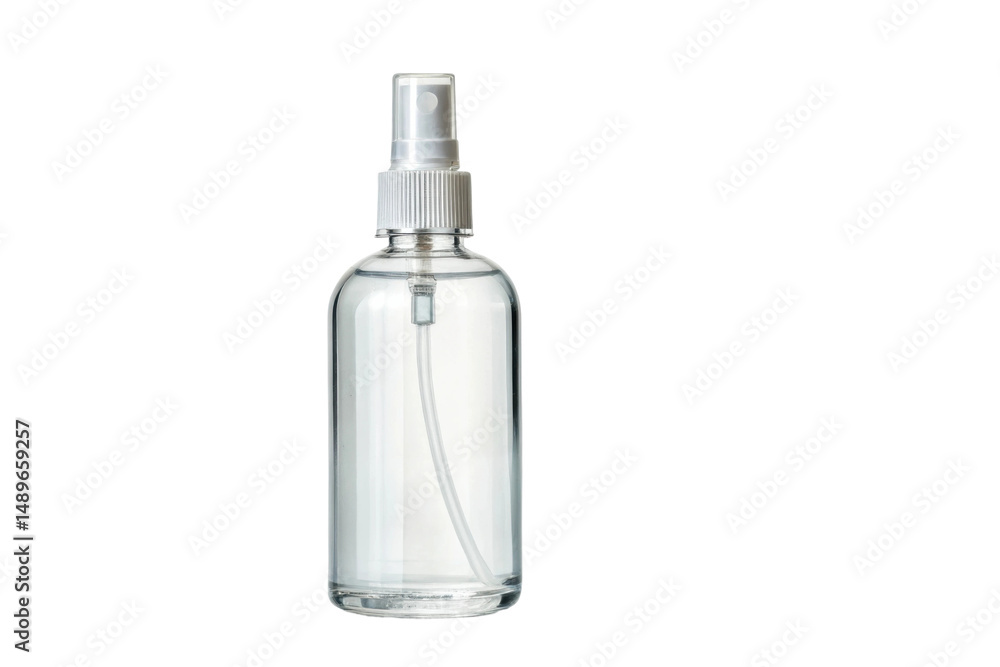 PNG Clear plastic spray bottle with white nozzle isolated on black background PNG Clear plastic spray bottle with white nozzle isolated on black background