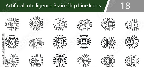 Artificial Intelligence Brain Chip Line Icons. Neural Circuit Processor, AI Technology Integration, Machine Learning Microchip Graphics. Vector illustration