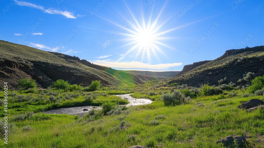 Naklejka premium Lens flare from bright sun shining into a peaceful natural valley scene
