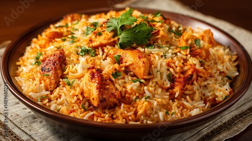 Photorealistic Close-Up of Delicious Chicken Biryani on Plate