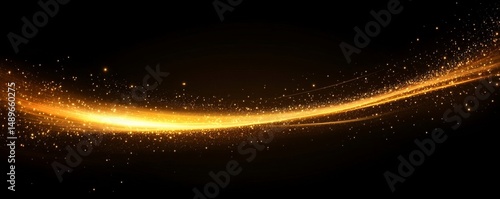 Abstract shiny glowing golden neon curve on black background. Light gold curve light effect with sparkles. Planet curve. Suit for banner, cover, header, website, flyer, poster