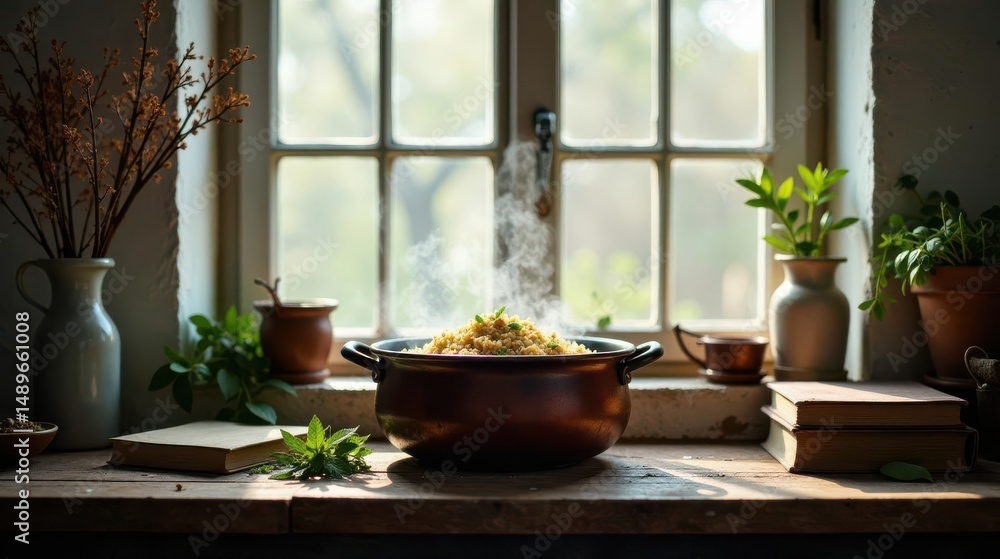 Warm, fragrant grain dish steams gently in a rustic kitchen setting, bathed in soft sunlight streaming through a window, accompanied by herbs and books on a wooden table Warm, fragrant grain dish steams gently in a rustic kitchen setting, bathed in soft sunlight streaming through a window, accompanied by herbs and books on a wooden table