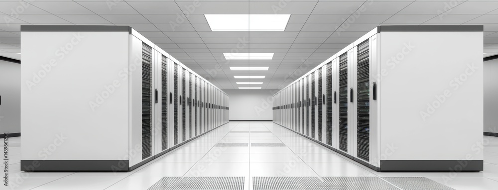 Modern Data Center with Rows of Server Racks and Bright Lighting Modern Data Center with Rows of Server Racks and Bright Lighting