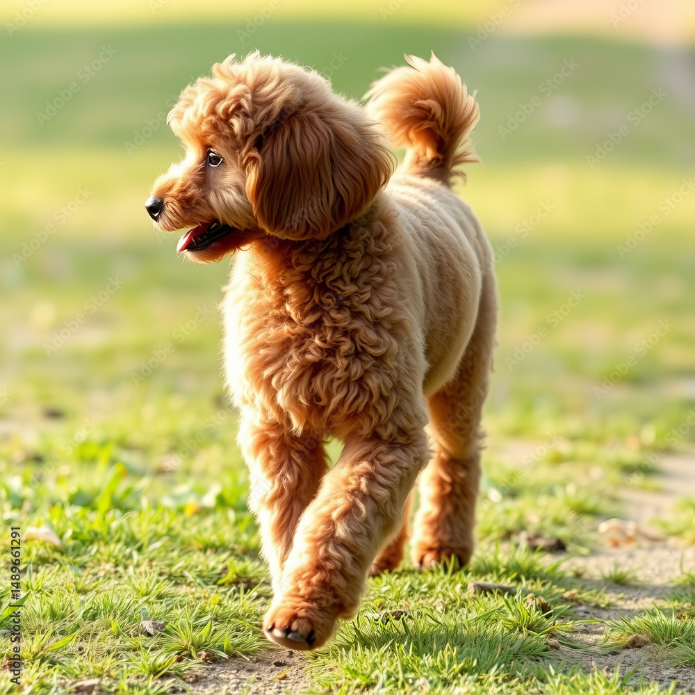 Fototapeta premium Cute white dog walking indoors during daylight in a bright and cheerful setting