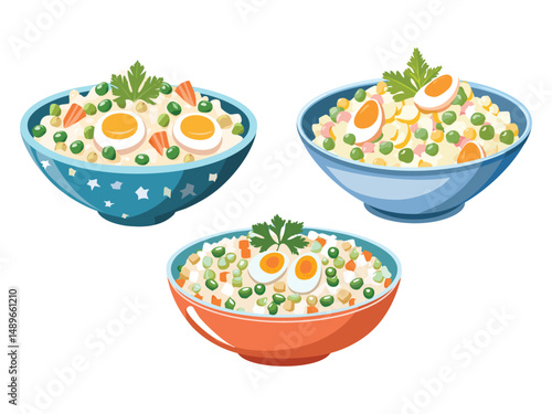 vector illustration of a russian food Olivier Salad (Russian Potato Salad with Peas, Eggs, Pickles, and Mayonnaise)