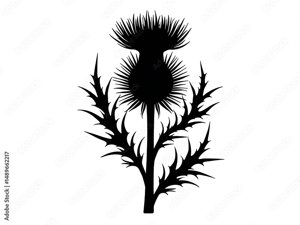 Obraz premium Silhouette of a thistle flower in black, symbol of Scotland, strength, and resilience, perfect for tattoos or icons. Generative AI