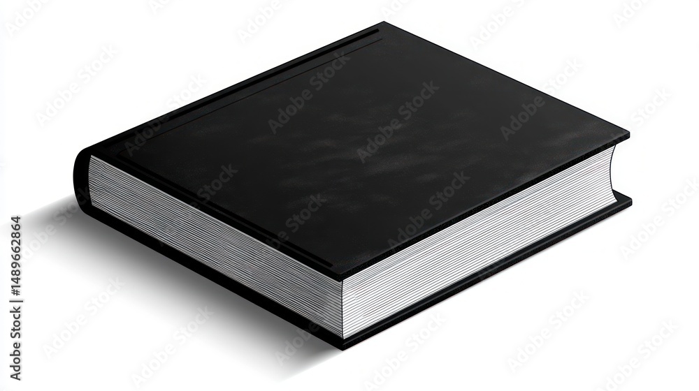 Thick closed black hardcover book casting a soft shadow on white background, conveying simplicity and potential for knowledge Thick closed black hardcover book casting a soft shadow on white background, conveying simplicity and potential for knowledge