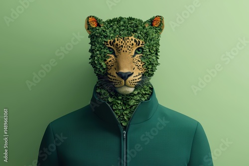 Man with Leopard Head Made of Green Leaves and Vivid Colors