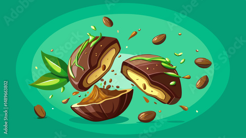  Very beautiful chocolate broken into two halves in the air on a white  background. Dubai chocolate is made with pistachio paste and kadayif  white background