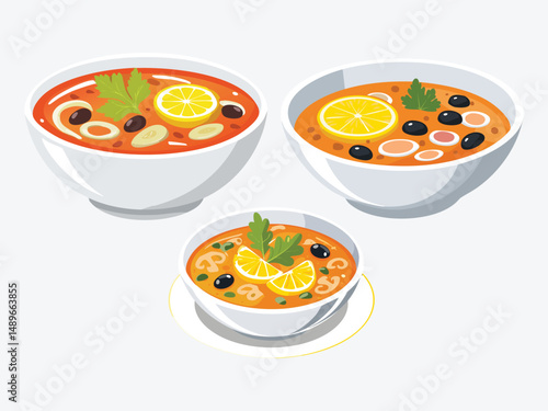 vector illustration of a russian food Solyanka (Thick, Sour and Spicy Soup Made with Meat, Pickles, Olives, and Lemon)