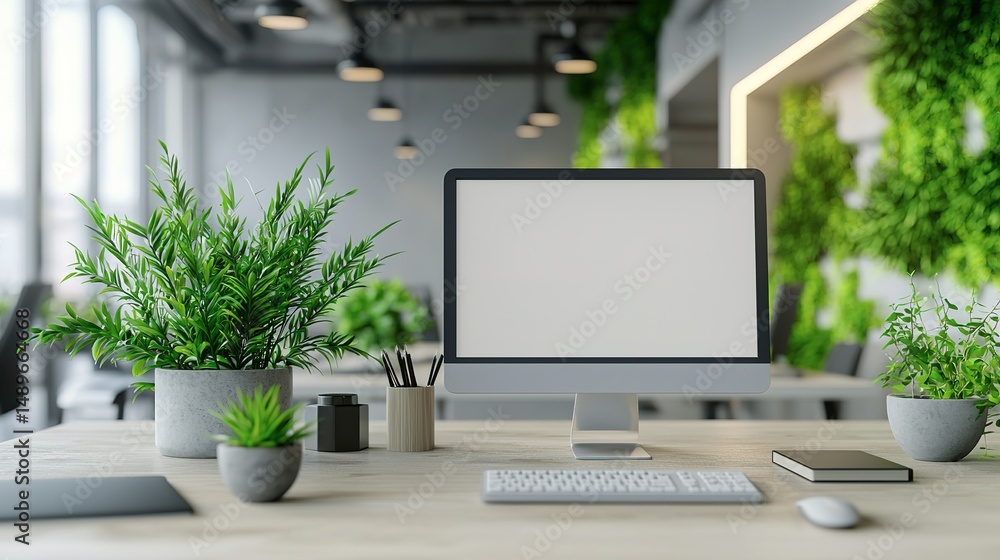 Modern office workspace with indoor plants and technology. Modern office workspace with indoor plants and technology.